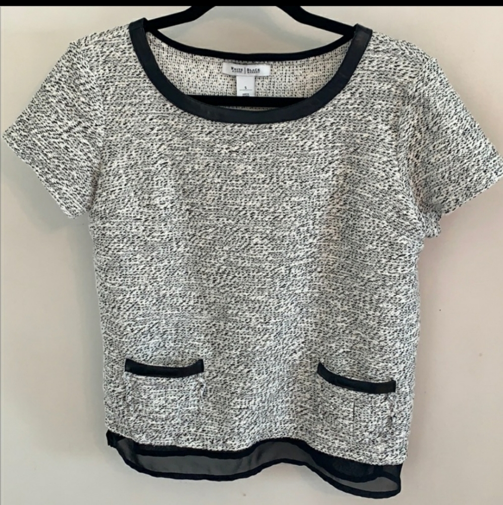 WHBM Tweed - Faux Leather Trim - Short Sleeve Top